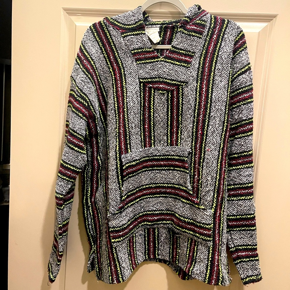 Men’s Serape-like hoodie, Grey with purple and green striping